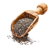 Chia seeds in a wooden scoop on a transparent background highlighting their texture and natural color for healthy living and cooking, Chia seeds in wood scoop isolated on transparent background png