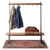 Coat rack with a stylish bench and decorative rug against a clean transparent background, ideal for organizing outerwear and footwear, Coat rack with bench and rug isolated on transparent background png