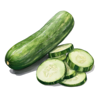 Fresh whole cucumber beside several thinly sliced pieces ready for a healthy salad preparation in a kitchen setting, Whole and slices cucumber png