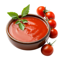 Fresh tomato sauce served in a bowl with ripe tomatoes and basil on a plain transparent background, tomato sauce isolated on transparent background png