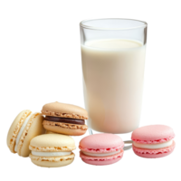 A refreshing glass of milk accompanied by assorted macaroons on a bright transparent background, milk and macaroons on transparent background png