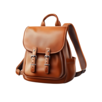 A classic brown backpack resting on a clean surface showcases its elegant design with sturdy buckles, classic brown backpack, file of isolated object with shadow on transparent background png