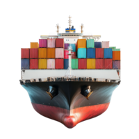 Container ship carrying vibrant cargo containers against a stark transparent background, showcasing maritime transport efficiency, container ship with cargo containers on transparent background png