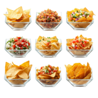 Delicious collection of nachos in square transparent bowls arranged on a transparent background perfect for parties or gatherings, ceramic bowl isolated on tansparent transparent background png