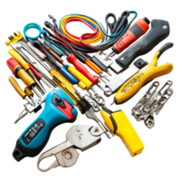 Essential electrician tools laid out on a transparent background for home and professional usage, Group of electrician tools isolated png
