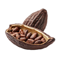 Cocoa pod with cocoa beans shown against a clean transparent background highlighting its natural texture and form, Cocoa pod isolated on transparent background png