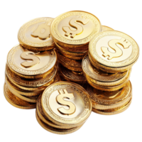 A collection of shiny gold coins stacked with a money sign representing wealth and prosperity in a sunny environment, Gold coins with money sign png