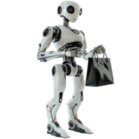 A futuristic shopping robot holding a bag stands in a minimalist setting with a bright background, Futuristic Shopping Robot Holding a Bag On transparent background png