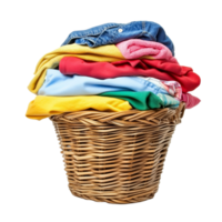 A neatly arranged stack of clean clothes in a wicker basket against a transparent background, ready for folding, of Stack of clean clothes in the basket transparent background isolated solid png