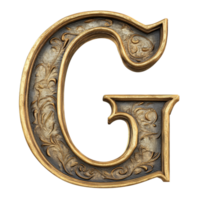 An ornate letter G with intricate carvings displayed on a transparent background, showcasing craftsmanship and artistic design, consonant letter g is used to make words on transparent backgroundfile png