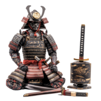 A detailed samurai armor set featuring a helmet, katana, and intricate design against a transparent background, Samurai Armor Set with Helmet and Katana, transparent background png