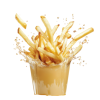 French fries splashing in a container, capturing the essence of crispy delight in an isolated setting, French fries splashing isolated png