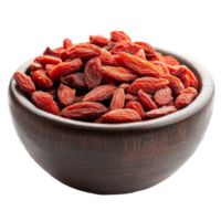 Dried goji berries in a rustic bowl against a clean transparent background showcasing their vibrant color and texture, dried goji berries in a bowl on transparent background png
