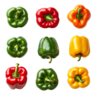 Fresh green, red, and yellow bell peppers arranged neatly in a grid pattern on a transparent background, Fresh Bell Peppers Green, Red, Yellow Varieties Isolated on transparent background png