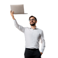 A man stands proudly in a classroom holding a laptop above his head while teaching students, a man teacher standing up while holding up a laptop, file of isolated object on transparent background png