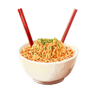 A delicious bowl of instant noodles topped with green onions and served with chopsticks on a transparent background, Instant noodles on transparent background png