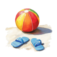 Colorful beach ball and blue flip flops ready for summer fun on a transparent background, Beach Ball and Flip Flops on transparent background png