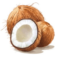 Coconut halves and whole coconut displayed on an isolated background, showcasing their textured shells and creamy interior, coconut on isolated background png