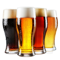A variety of craft beers displayed in glasses on a transparent background for tasting and enjoyment, Multiple beers isolated on transparent background png