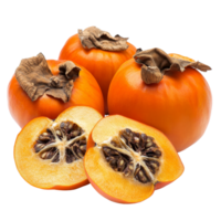Ripe persimmons isolated on a transparent background with one sliced open to reveal seeds and texture, ripe persimmons and dry isolated on transparent background png