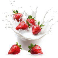 Fresh strawberries in milk creating a splash captured in a bright, isolated setting, Milk splash with strawberries isolated png