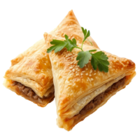 Delicious isolated oriental puff pastry filled with savory meat samsa, perfect for a gourmet snack or appetizer, Isolated orinetal puff pie with meat samsa png
