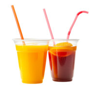 Refreshing orange and red fruit juices served in clear plastic cups perfect for summer gatherings, Refreshing Orange and Red Fruit Juices in Plastic Cups with Straws Isolated on transparent background png