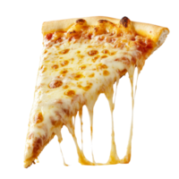 Delicious slice of cheesy pizza with stretchy cheese isolated on a transparent background, a slice of pizza with stretchy cheeseisolated transparent background png