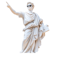 A modern twist on a classic Greek statue wearing sunglasses and pointing against a clean transparent background, Greek Statue with Sunglasses Pointing on transparent background png