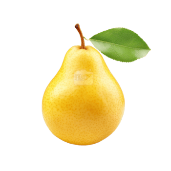 Fresh yellow pear with green leaf isolated on a transparent background highlighting its smooth texture and vibrant color, yellow pear fruit with leaf isolated on transparent background png