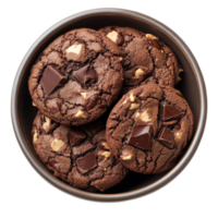 Top view of a rustic bowl filled with freshly baked chocolate cookies on a clean transparent background, Top view of a bowl of chocolate cookie on transparent background png