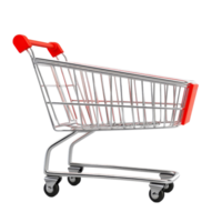 Empty shopping cart viewed from the side, isolated on a transparent background for retail and commercial use, Side view empty shopping cart. 3D render isolated on transparent background. png
