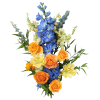 Elegant arrangement of blue delphiniums paired with apricot orange roses in a spring bouquet, Blue Delphiniums complemented by Apricot Orange Roses and Lemon Yellow Freesias transparent background png