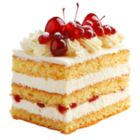 Delicious sponge cake layered with butter cream and topped with cherries served on a pristine transparent background, Sponge cake with butter cream isolated png