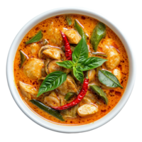Delicious Panaeng curry with chicken and fresh basil served in a transparent bowl, Panaeng curry is a type of Thai curry on transparent background png