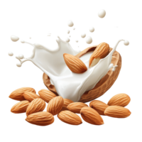 Almonds surrounded by a splash of milk on a transparent background showcasing a delightful contrast, Almonds with milk splash isolated png