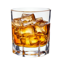 Enjoying a glass of whiskey over ice against a clean transparent background for a refreshing drink experience, glass of whiskey with ice transparent background png