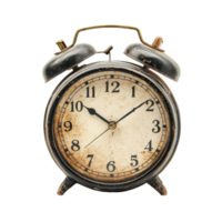 A classic vintage alarm clock with a worn face and jingling bells isolated on a transparent background showcasing timeless design, classic vintage alarm clock isolated on transparent background png