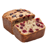 Wholemeal cranberry bread loaf with slice isolated on transparent background showcasing texture and cranberries, Wholemeal cranberry bread isolated png