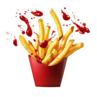 Flying french fries with a splash of ketchup in a bold, dynamic display against a clean background, Flying french fries with ketchup splash isolated png
