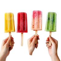 Colorful ice pops held by hands against a bright transparent background, perfect for summer enjoyment and refreshment, Ice Pops Held by Hands on transparent background png