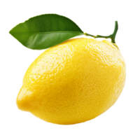 Fresh yellow lemon fruit with green leaf isolated on a bright transparent background, yellow lemon fruit with leaf isolated on transparent background png