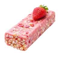 Strawberry energy corn bar with a fresh strawberry on a transparent background emphasizes healthy snacking options, strawberry energy corn bar isolated on transparent background png