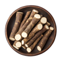Freshly harvested cassava roots arranged in a wooden plate against a clean transparent background for culinary presentation, Cassava in plate on transparent background png
