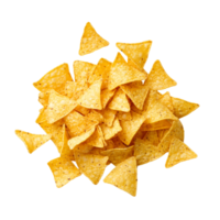 Top view of a pile of nacho chips on a transparent background perfect for snack ideas or party planning, Nacho chip viewed from the top, isolated on a transparent background or transparent background png