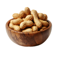 Peanuts in a wooden bowl isolated on a transparent background ready for snacking or cooking, peanuts in wood bowl isolated on transparent background png