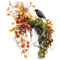 A black bird perched on a mossy branch surrounded by vibrant fall foliage on a transparent background, Fall foliage drapes a mossy perch transparent background png