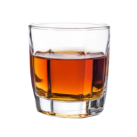 A closeup of whiskey in a clear glass on a transparent background, highlighting its rich amber color and smooth texture, whiskey in glass on transparent background png