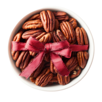 Fresh pecans in a bowl with a ribbon on a transparent background, perfect for gifting or baking occasions, Fresh pecans in a bow lon a transparent background png
