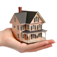Hand holding a model house showcasing architecture and design concepts for housing ideas, file no background Hand holding a model house png